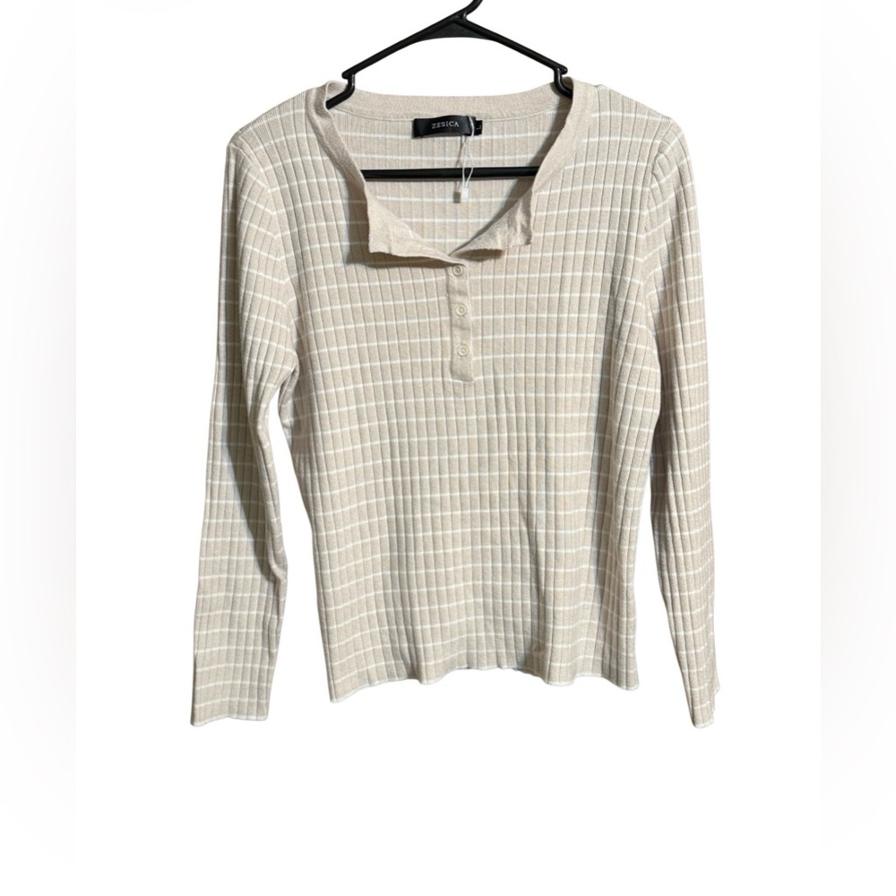 Zesica Beige Ribbed Knit Long Sleeve Top Button Front Stretch Sweater Size L